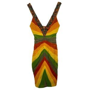 NWT Mandalay Multi Green Silk Beaded Sequin Midi Cocktail Dress Womens Size 6